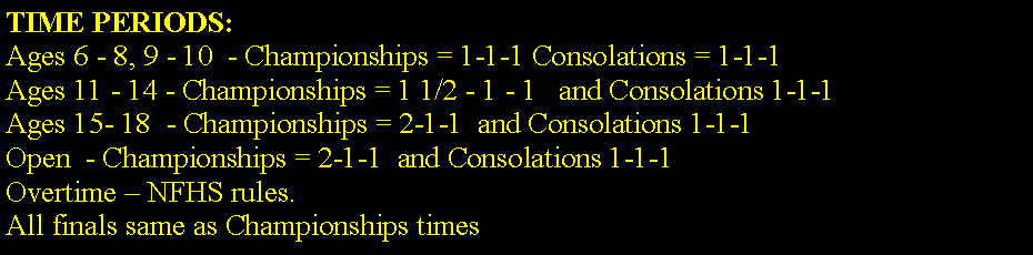 Text Box: TIME PERIODS:
Ages 6 - 8, 9 - 10 - Championships = 1-1-1 Consolations = 1-1-1
Ages 11 - 14 - Championships = 1 1/2 - 1 - 1 and Consolations 1-1-1
Ages 15- 18 - Championships = 2-1-1 and Consolations 1-1-1
Open - Championships = 2-1-1 and Consolations 1-1-1
Overtime – NFHS rules.
All finals same as Championships times