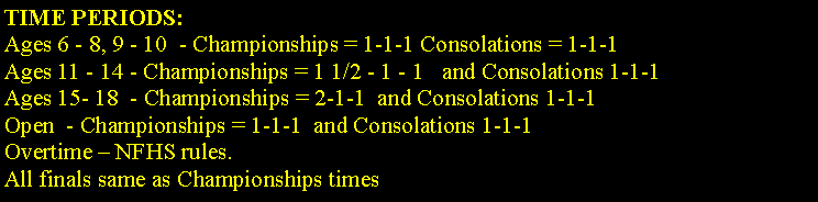 Text Box: TIME PERIODS:&nbsp;
Ages 6 - 8, 9 - 10  - Championships = 1-1-1 Consolations = 1-1-1
Ages 11 - 14 - Championships = 1 1/2 - 1 - 1 &nbsp; and Consolations 1-1-1
Ages 15- 18  - Championships = 2-1-1  and Consolations 1-1-1Open  - Championships = 1-1-1  and Consolations 1-1-1
Overtime � NFHS rules.
All finals same as Championships times