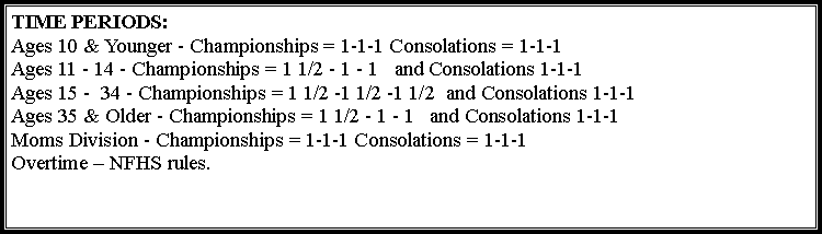 Text Box: TIME PERIODS: 
Ages 10 & Younger - Championships = 1-1-1 Consolations = 1-1-1
Ages 11 - 14 - Championships = 1 1/2 - 1 - 1   and Consolations 1-1-1
Ages 15 -  34 - Championships = 1 1/2 -1 1/2 -1 1/2  and Consolations 1-1-1Ages 35 & Older - Championships = 1 1/2 - 1 - 1   and Consolations 1-1-1Moms Division - Championships = 1-1-1 Consolations = 1-1-1Overtime  NFHS rules.
